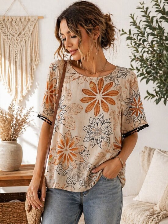 Bobeau Tops - Bobeau Boho Floral Rayon Top Black Lace Trim Blouse S